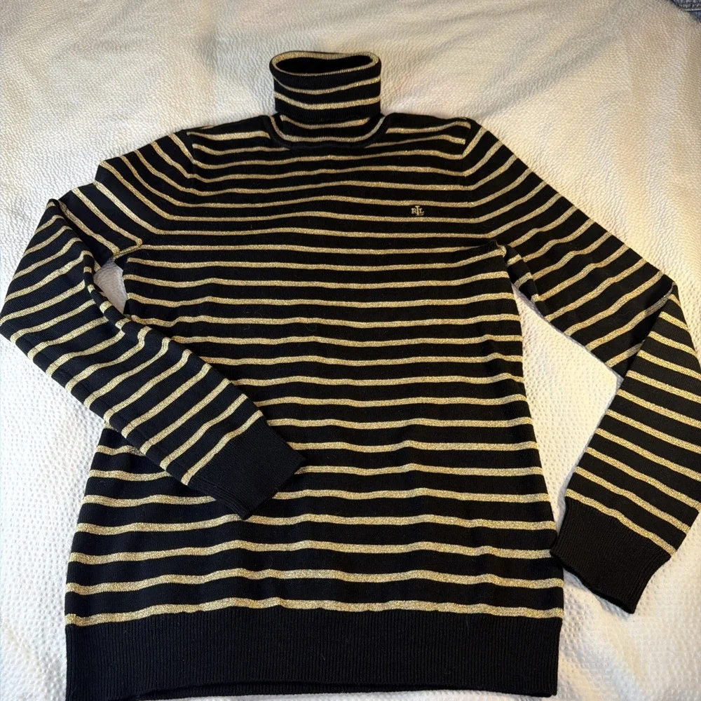 Lauren Ralph Lauren black gold metallic striped ribbed turtleneck S